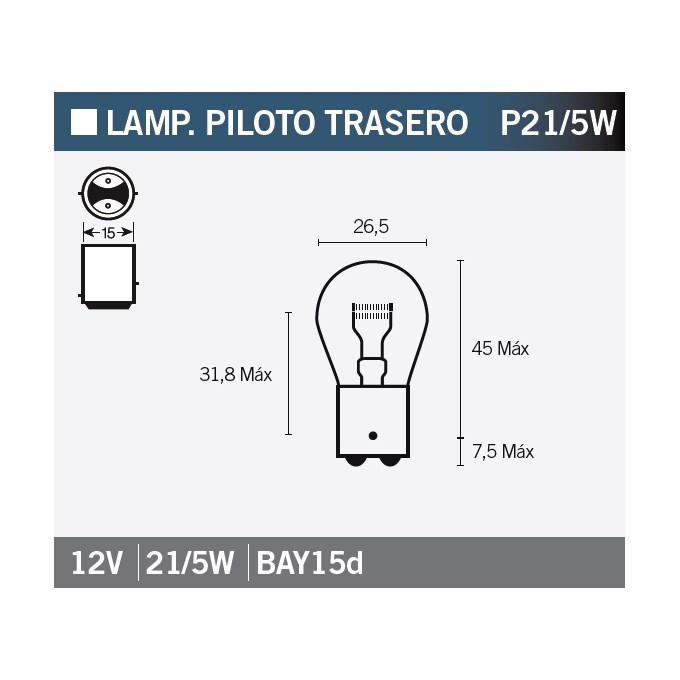 Ampoule Vicma P21/5W Bay15d feux arrière 12V 21/5W