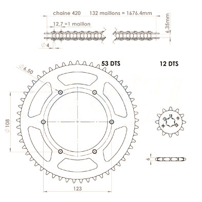Kit chaîne 12x53 pas 420 Derbi Senda DRD / Racing / Evo / Gpr Nude