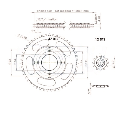 Kit chaîne 12x47 pas 420 MBK X-Power / Yamaha TZR -03