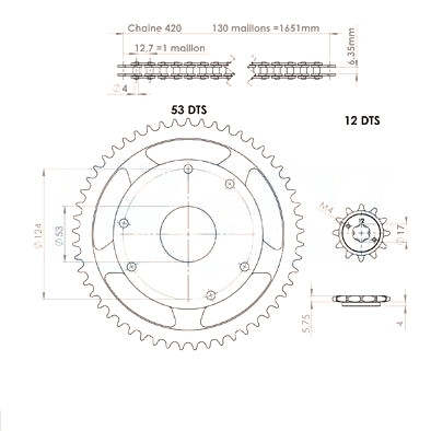 Kit chaîne 12x53 pas 420 Derbi Senda L/R 96-99