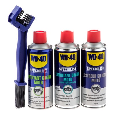 Pack de 3 sprays WD40 Specialist Moto Tripack + brosse chaîne