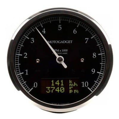 Compte-tour Motogadget Classic 0 à 10 000 tr/min cadran noir cerclage chrome écran noir