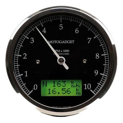 Compte-tour Motogadget Classic 0 à 10 000 tr/min cadran noir cerclage chrome écran vert