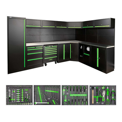Ensemble de meubles d’atelier JBM SERIE587 modulaire 43 pièces avec plan de travail inox et jeu de 4