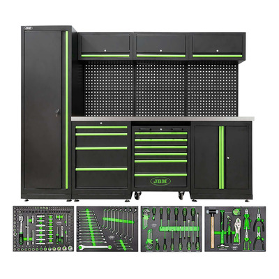 Ensemble de meubles d’atelier JBM SERIE588 modulaire 18 pièces avec plan de travail inox et jeu de 4