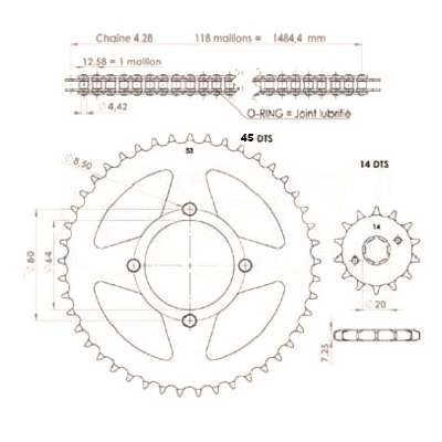 Kit chaîne Afam pas 428 14X45 Yamaha YBR 05-06