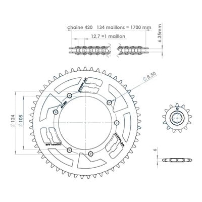 Kit chaîne Doppler 13x53 couronne alu noir MRT/XP6 00-/Xlimit 03-/Xp7 Cross/RS3