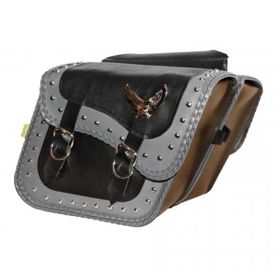 Sacoches latérales Willie & Max cuir synthétique noir gris clouté bordure tressé double boucles