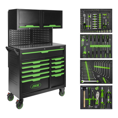 Servante d'atelier JBM 55118 complète avec panneaux perforés et 4 modules d'outils
