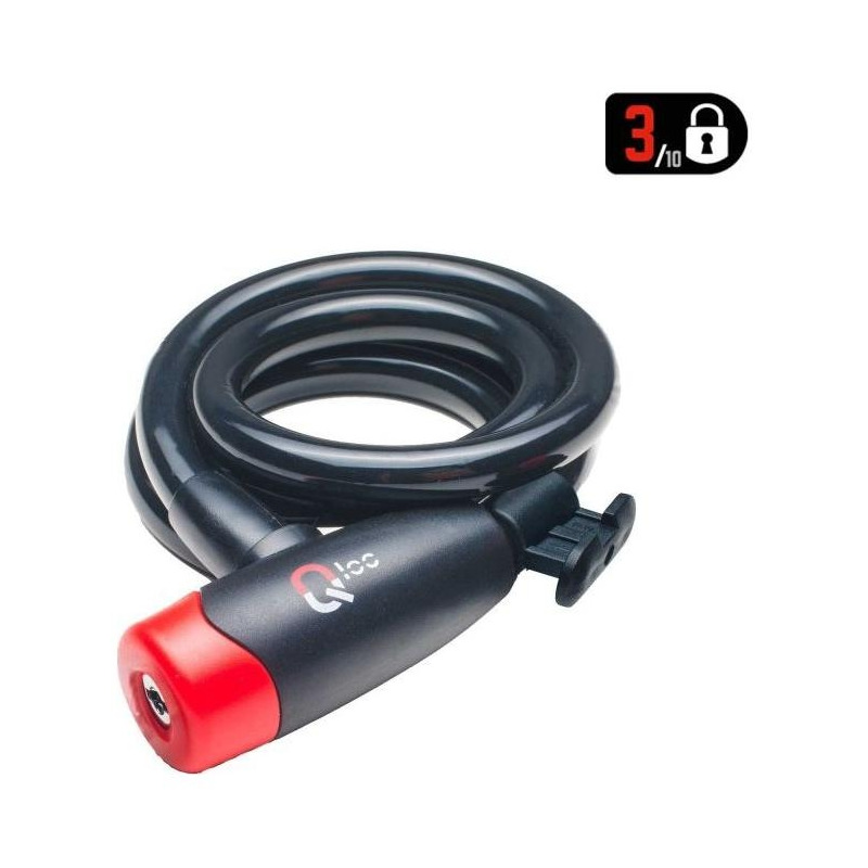 Antivol cÃ¢ble Ã  spirale Ã 12 Ã  clÃ© Qloc 1800mm avec support - noir