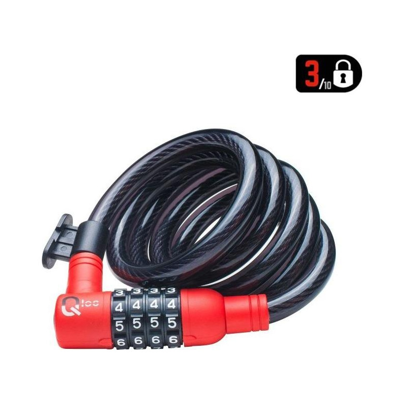 Antivol câble à spirale Ø12 à code Qloc 1500mm avec support - noir/rouge