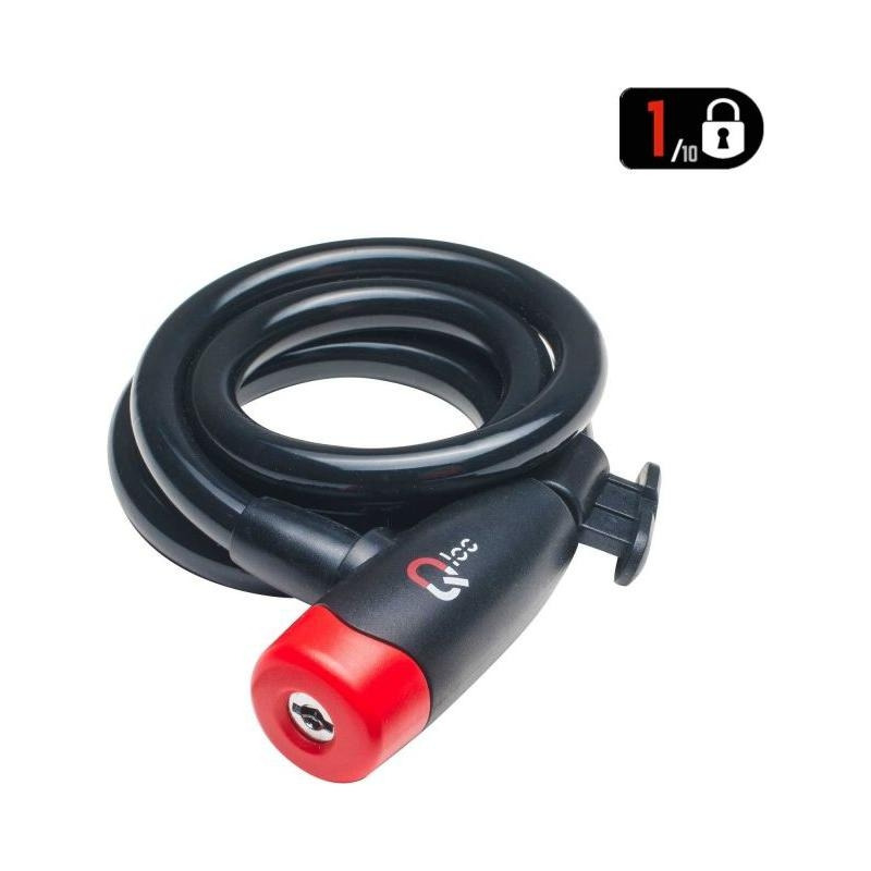 Antivol câble à spirale Ø8 à clé Qloc 1500mm avec support - noir/rouge