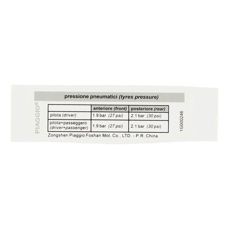 Autocollant de pression de pneu d'origine 1G000246 Piaggio Zip 50 4t 2018-24