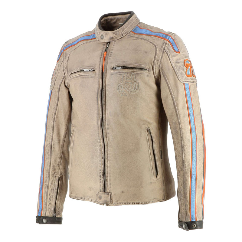 Blouson cuir Helstons Club man beige/orange/bleu ciel