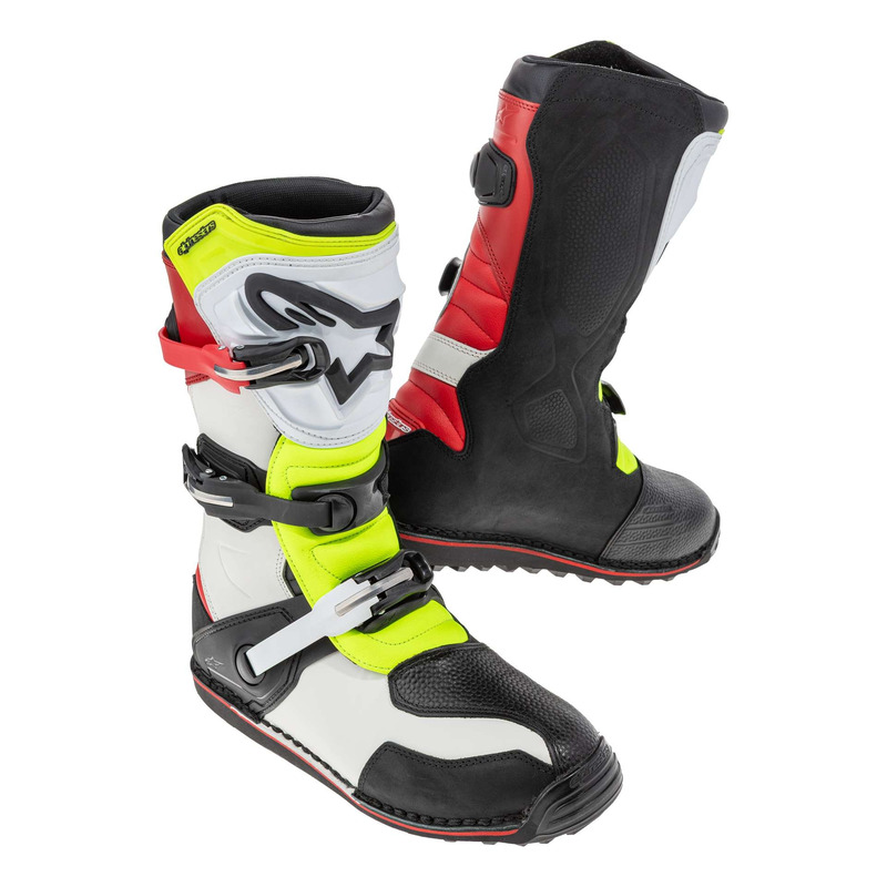 Bottes trial Alpinestars Tech T blanc/rouge/jaune fluo/noir