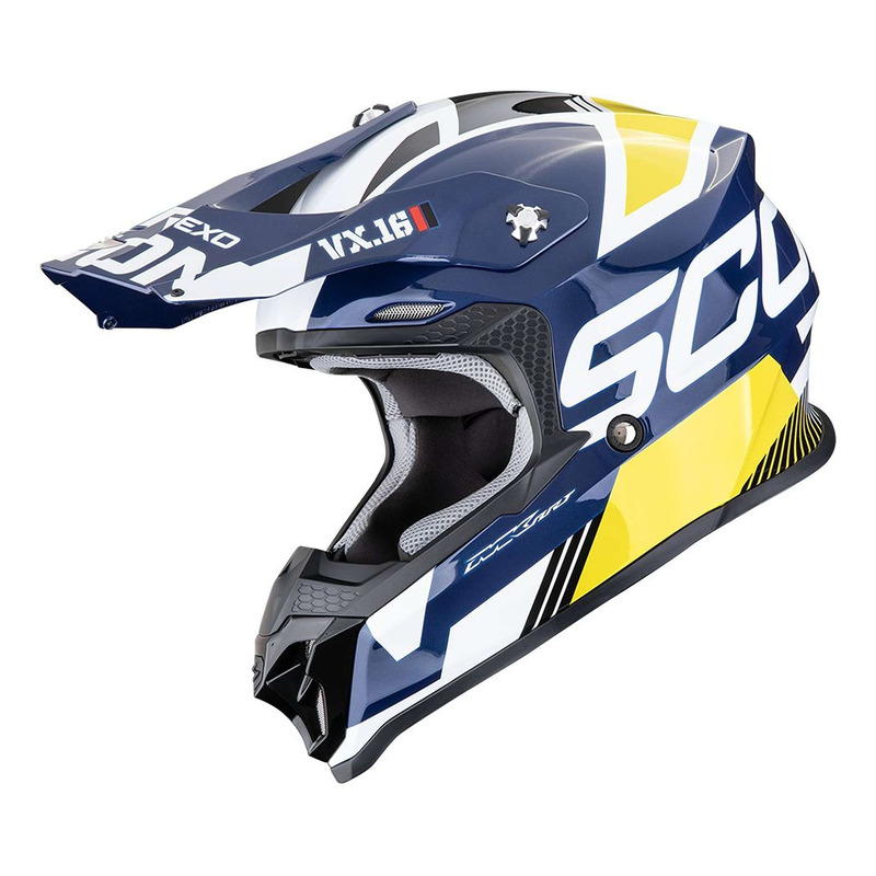Casque cross Scorpion VX-16 Evo Air Analog blanc/bleu/jaune