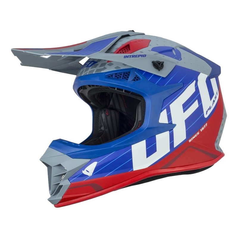 Casque cross Ufo Intrepid gris/bleu/rouge brillant- XS