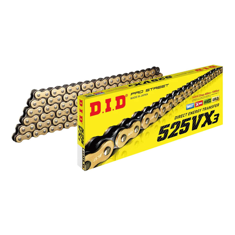 Chaîne de transmission DID 525VX3 98 maillons or et noir avec attache à riveter