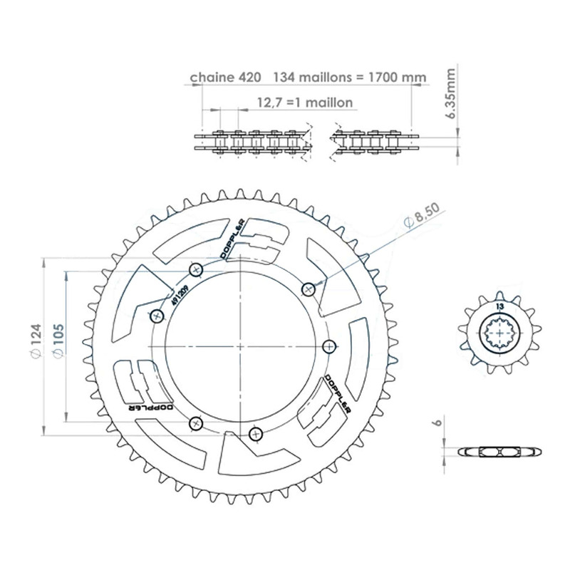Kit chaîne Doppler 13x53 couronne alu noir MRT/XP6 00-/Xlimit 03-/Xp7 Cross/RS3