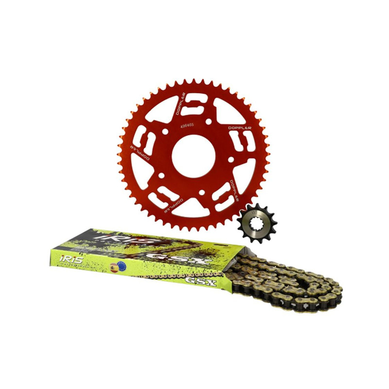 Kit chaîne Doppler 13x53 pas 420 Peugeot XR7 / XP7 SM 05-08 alu rouge