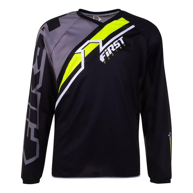 Maillot cross enfant First Racing Stripes noir/gris/jaune fluo- Y-XS
