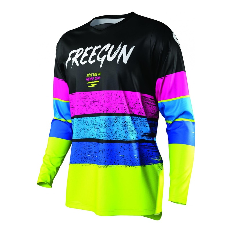 Maillot cross enfant Freegun Devo Stripe jaune fluo/bleu/rose- 4/5ans