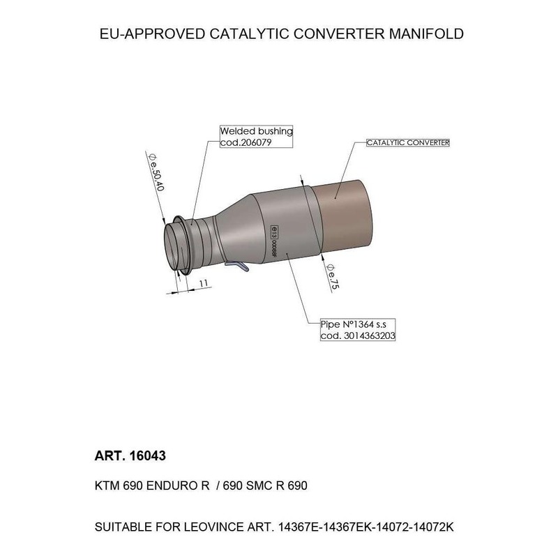 Manchon catalysé Leovince pour silencieux KTM 690 SMC R 21-22