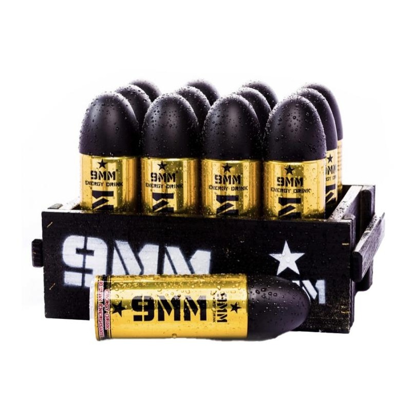 Pack 12 canettes 9MM energy drink Gold 250ml (Caisse en bois)