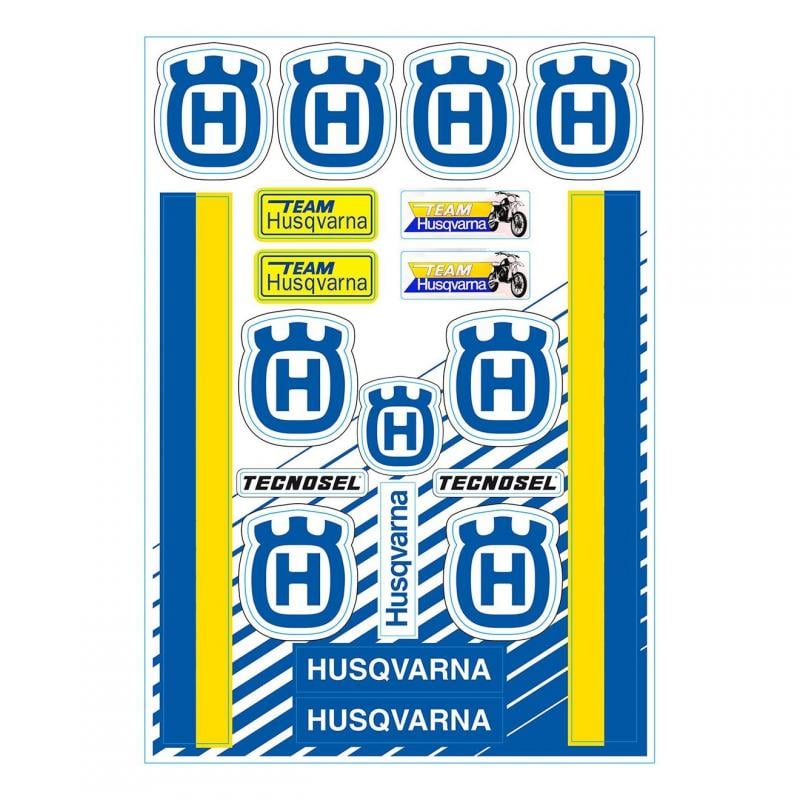 Planche 18 autocollants Tecnosel Husqvarna 50cm x 35cm jaune/bleu/blanc