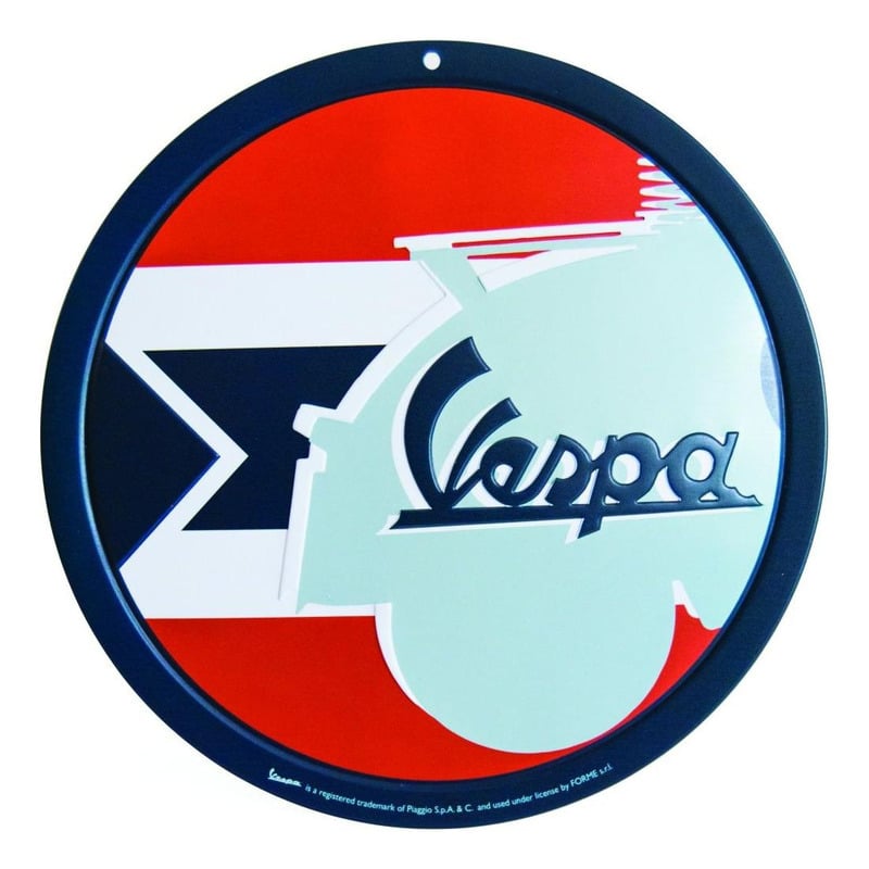 Plaque métallique ronde Vespa bleu/rouge Ø 15cm