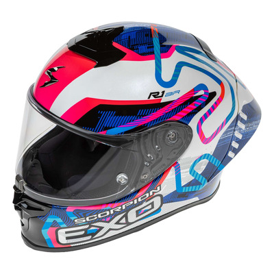 Casque intégral Scorpion Exo-R1 Evo II Cornering blanc/bleu/rose