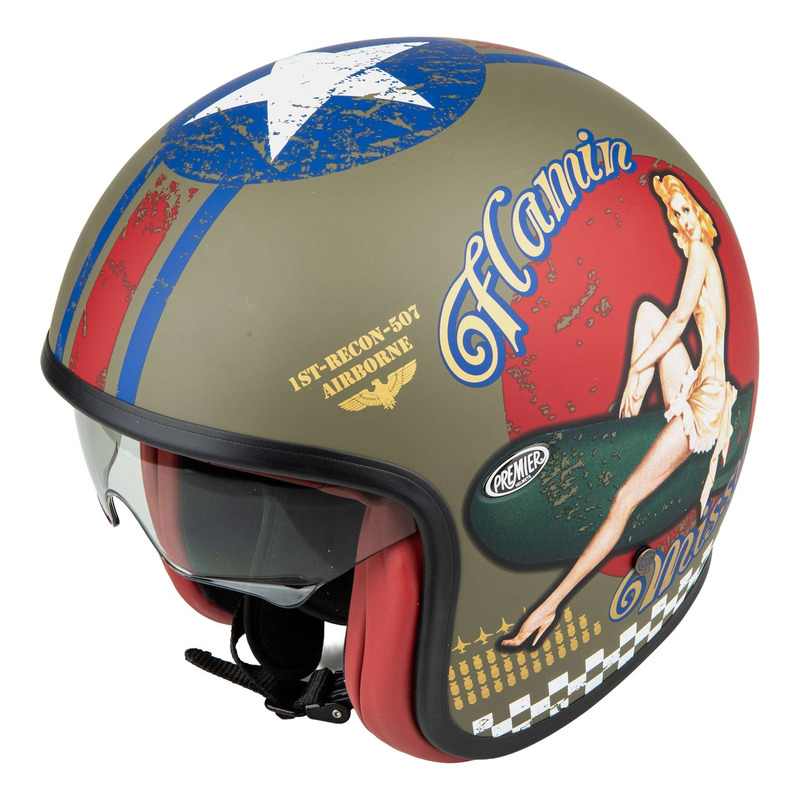 Casque jet Premier Vintage Pin Up Military BM kaki/rouge mat (ECE 22.0
