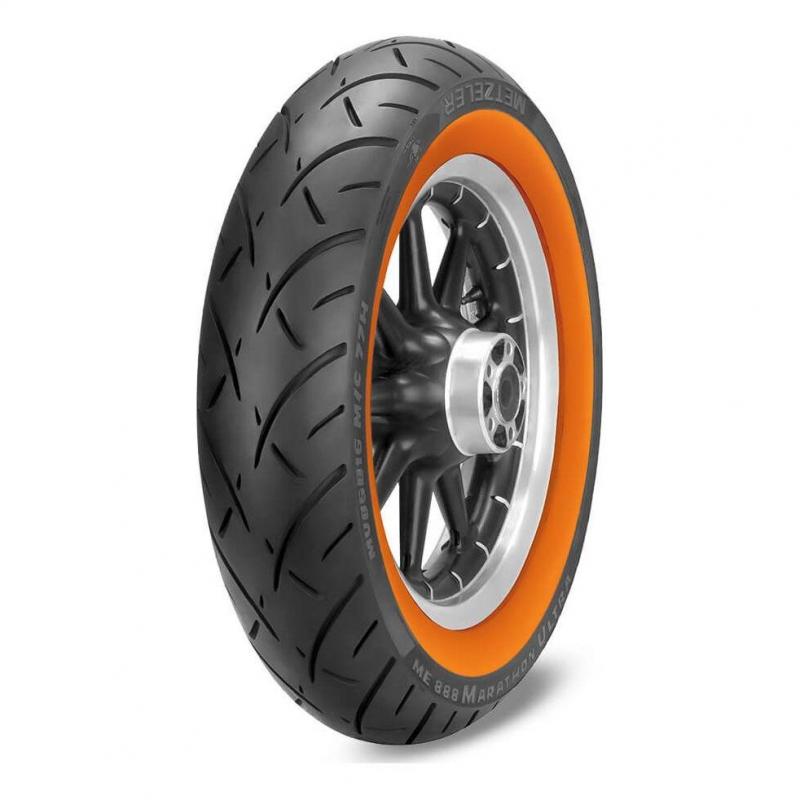 Pneu custom avant Metzeler ME 888 Marathon Ultra flancs oranges 100/90